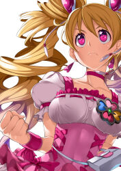Rule 34 | 1girl, absurdres, blonde hair, bow, breasts, choker, clover ornament, cure peach, earrings, fresh precure!, hair ornament, heart, heart earrings, heart hair ornament, highres, jewelry, long hair, magical girl, medium breasts, momozono love, pink bow, pink choker, pink eyes, pouch, precure, simple background, smile, solo, twintails, upper body, white background, yuuzii