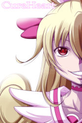 Rule 34 | 1girl, aida mana, backlighting, blonde hair, bloom, character name, choker, cure heart, curly hair, dokidoki! precure, evil grin, evil smile, grin, highres, long hair, magical girl, nishi koutarou, out of frame, portrait, precure, red eyes, simple background, smile, solo, white background