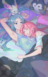 Rule 34 | 2girls, absurdres, akali, alternate costume, bare shoulders, blanket, breasts, closed eyes, green eyes, grey shirt, highres, indoors, kai&#039;sa, league of legends, long hair, looking at another, lying, multiple girls, on back, on side, open mouth, parted bangs, pillow, pink hair, shirt, sleeping, small breasts, star guardian akali, star guardian kai&#039;sa, star guardian pet, teeth, upper teeth only, world (1257843324), yuri