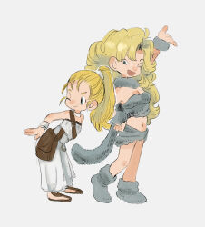 Rule 34 | 2girls, ayla (chrono trigger), bare shoulders, blonde hair, boots, breasts, cavewoman, chrono trigger, cleavage, curly hair, fang, full body, fur boots, fur scarf, fur shirt, fur skirt, grey eyes, grey fur, hair tie, hand up, kebe6p, long hair, marle (chrono trigger), medium breasts, midriff, miniskirt, multiple girls, navel, one eye closed, open mouth, pants, ponytail, sandals, shirt, skirt, smile, strapless, strapless shirt, white pants, white shirt