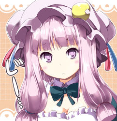 Rule 34 | 1girl, :&lt;, blush, bow, bowtie, breasts, cleavage, crescent, female focus, hair ribbon, hat, long hair, looking at viewer, patchouli knowledge, purple eyes, purple hair, ribbon, rioshi, solo, touhou, upper body