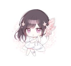 Rule 34 | 1girl, :o, barefoot, black hair, blush, butterfly hair ornament, chibi, dress, fairy wings, floral background, flower, hair flower, hair ornament, hands up, kimetsu no yaiba, long hair, looking at viewer, mattang, parted lips, pink flower, puffy short sleeves, puffy sleeves, purple eyes, short sleeves, solo, tsuyuri kanao, white background, white dress, white wings, wings