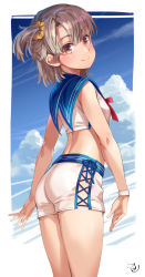 Rule 34 | 1girl, absurdres, ass, bare arms, bare shoulders, blue sailor collar, brown eyes, brown hair, brown scrunchie, closed mouth, commentary request, crop top, day, from behind, hair between eyes, hair ornament, hair scrunchie, highres, looking at viewer, looking back, michairu, midriff, one side up, original, sailor collar, scrunchie, shirt, short shorts, shorts, signature, smile, solo, standing, white shirt, white shorts