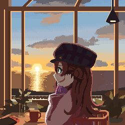 Rule 34 | 1girl, animated, animated gif, brown eyes, brown hair, character request, from side, idolmaster, indoors, long sleeves, looking away, lowres, nintendo switch, pixel art, pxllb, sitting, solo, sunset