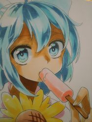 Rule 34 | 1girl, blue eyes, blue hair, cirno, flower, food, looking at viewer, marker (medium), niri, popsicle, short hair, solo, sunflower, tanned cirno, touhou, traditional media