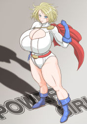 Rule 34 | 1girl, belt, blonde hair, blue eyes, blush, boots, breasts, cape, cleavage, cleavage cutout, clothing cutout, huge breasts, leotard, power girl, smile, solo