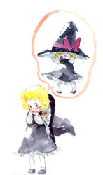 Rule 34 | 1girl, blonde hair, braid, female focus, gogo/tad, hat, kirisame marisa, large hat, oversized clothes, painting (medium), short hair, solo, thought bubble, touhou, traditional media, watercolor (medium), witch, witch hat, aged down
