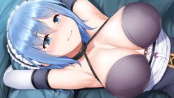 Rule 34 | 1girl, armpits, arms behind head, arms up, bare shoulders, bed, blue eyes, blue hair, blush, bra, breasts, breasts apart, cleavage, closed mouth, embarrassed, from above, game cg, irene (paizuri fiancee), large breasts, looking down, lying, maid, maid headdress, matching hair/eyes, on bed, original, paizuri fiancee, pillow, short hair, solo, underwear, uni8, upper body