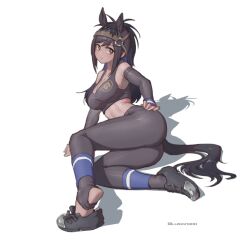 Rule 34 | 1girl, animal ears, arm support, ass, bare shoulders, black hair, breasts, bridle, brown eyes, brown hair, brown sports bra, brown thoroughbred (kemono friends), cleavage, closed mouth, dark-skinned female, dark skin, elbow gloves, extra ears, fingerless gloves, full body, gloves, hand on own hip, highres, horse ears, horse girl, horse tail, japan racing association, kemono friends, leggings, long hair, looking at viewer, lumian300, lying, medium breasts, multicolored hair, on side, parted bangs, shoes, solo, sports bra, sportswear, stomach, tail, toeless legwear, twintails, two-tone hair