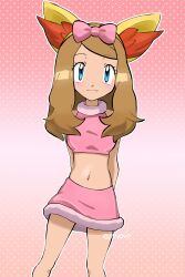 Rule 34 | 1girl, absurdres, arms behind back, blue eyes, blush, bow, brown hair, closed mouth, commentary, creatures (company), eyelashes, game freak, hair bow, hairband, highres, jiffy0v0, long hair, looking at viewer, navel, nintendo, outline, pink bow, pink shirt, pink skirt, pokemon, pokemon (anime), pokemon ears, pokemon xy (anime), serena (pokemon), shirt, skirt, sleeveless, sleeveless shirt, smile, solo, twitter username, watermark, yellow hairband