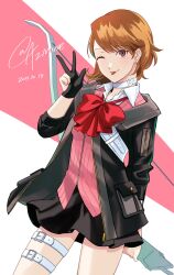 Rule 34 | 1girl, ;q, arm behind back, aznmeee, belt, black gloves, black jacket, black skirt, blush, bow, bow (weapon), bowtie, brown eyes, brown hair, cardigan, choker, collared shirt, cowboy shot, dated, earrings, eyelashes, gekkoukan high school uniform, gloves, hand up, highres, holding, holding bow (weapon), holding weapon, jacket, jewelry, long sleeves, looking at viewer, medium hair, miniskirt, one eye closed, open clothes, open jacket, parted bangs, partially fingerless gloves, persona, persona 3, persona 3 reload, pink background, pink cardigan, red bow, red bowtie, school uniform, shadow, shirt, signature, skirt, solo, stud earrings, swept bangs, takeba yukari, thigh belt, thigh strap, thighs, tongue, tongue out, two-tone background, w, weapon, white background, white choker, white shirt