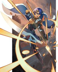 Rule 34 | 1boy, alcryst (fire emblem), armor, arrow (projectile), black gloves, blue hair, bow (weapon), cape, circlet, fire emblem, fire emblem engage, full body, fur trim, gloves, hair between eyes, holding, holding bow (weapon), holding weapon, male focus, nintendo, open mouth, red eyes, short hair, shoulder armor, solo, teo (telo ruka), weapon