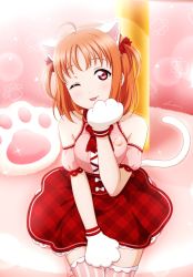 Rule 34 | 1girl, :p, ahoge, animal ears, animal hands, bow, cat ears, cat girl, cat tail, dress, hair bow, highres, love live!, love live! sunshine!!, orange hair, pink background, pink shirt, pink thighhighs, red bow, red dress, red eyes, shiratama (siratama ll), shirt, short hair, solo, striped clothes, striped thighhighs, tail, takami chika, thighhighs, tongue, tongue out