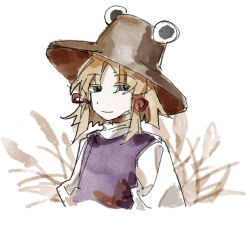 Rule 34 | 1girl, aaayamitsu, blonde hair, brown hat, chinese commentary, closed mouth, commentary request, flat chest, frog hat, grey eyes, hat, highres, long sleeves, medium hair, moriya suwako, purple vest, shirt, sketch, smile, solo, touhou, upper body, vest, white shirt