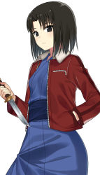 Rule 34 | 1girl, asato (fadeless), black eyes, black hair, blue kimono, blush, breast pocket, closed mouth, cowboy shot, dagger, expressionless, hand in pocket, highres, holding, holding weapon, jacket, japanese clothes, kara no kyoukai, kimono, knife, long sleeves, looking at viewer, no pupils, open clothes, open jacket, parted bangs, pocket, red jacket, ryougi shiki, sash, short hair, simple background, solo, standing, weapon, white background, zipper