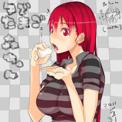 Rule 34 | 1girl, :t, breasts, character name, checkered background, chibi, chibi inset, dated, eating, egg, food, large breasts, mori hikiko, open mouth, original, red eyes, red hair, shirt, solo, striped clothes, striped shirt, sweatdrop, takayama toshinori