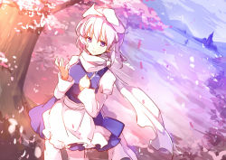 Rule 34 | 2girls, apron, blue dress, cherry blossoms, cirno, dress, hat, ice, ice wings, juliet sleeves, lake, letty whiterock, long sleeves, multiple girls, petals, puffy sleeves, purple eyes, scarf, scarlet devil mansion, silver hair, smile, touhou, tree, waist apron, white scarf, wings, yetworldview kaze