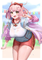 Rule 34 | 1girl, absurdres, blush, bra, bra visible through clothes, bralines, breasts, chieru (princess connect!), chieru (school festival) (princess connect!), female focus, gym uniform, hair between eyes, hair ornament, hairband, highres, large breasts, looking at viewer, ooeyama, pink hair, princess connect!, see-through, shirt, solo, thighs, underwear, wet, wet clothes, wet shirt, yellow eyes