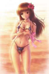 Rule 34 | 1girl, absurdres, bikini, breasts, brown eyes, brown hair, cleavage, dead or alive, dead or alive xtreme, flower, goto p, hair flower, hair ornament, hibiscus, highres, jewelry, kasumi (doa), long hair, navel, open mouth, parted lips, ribbon, skindentation, solo, standing, strap gap, sunset, swimsuit, tecmo, underboob, venus bikini