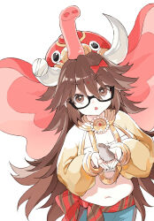 Rule 34 | 1girl, animal, animal on hand, belly, bindi, bindi visible through hair, bow, breasts, brown eyes, brown hair, cleavage, commentary request, elaine-didaea, elephant hat, fate/grand order, fate (series), ganesha (fate), glasses, hair between eyes, hair bow, highres, jinako carigiri, large breasts, long hair, looking at viewer, midriff, mouse (animal), navel, open mouth, plump, semi-rimless eyewear, simple background, solo, very long hair, white background