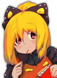 Rule 34 | 1girl, :t, black bow, black shirt, blonde hair, blush, bow, brown dress, closed mouth, collared shirt, commentary request, dress, eating, extra eyes, eyes visible through hair, fingernails, food, hair between eyes, hair bow, hair bun, highres, kurodani yamame, long sleeves, looking at viewer, medium hair, nail polish, pinafore dress, pink nails, pocky, red eyes, rinyamame, shirt, simple background, sleeveless dress, smile, solo, touhou, upper body, white background