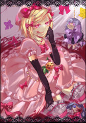 Rule 34 | 1girl, bad id, bad pixiv id, blonde hair, blood, bow, button eyes, buttons, character doll, doll, dress, elbow gloves, frederica bernkastel, furudo erika, gloves, hair bow, hair ornament, hairclip, hat, hoe satsuki, jewelry, kneeling, lambdadelta, necklace, pink hat, red eyes, solo, striped clothes, striped thighhighs, thighhighs, tongue, umineko no naku koro ni