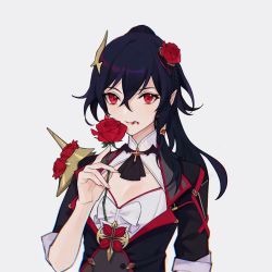 Rule 34 | 1girl, black hair, blood, blood on face, flower, fu hua, fu hua (blood voivode), fu hua (shadow knight), hair flower, hair ornament, highres, holding, holding flower, honkai (series), honkai impact 3rd, looking at viewer, pointy ears, red eyes, red flower, rose, simple background, solo, tutou jiang, vampire, white background