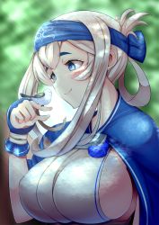 Rule 34 | 10s, 1girl, ainu clothes, bird, bird on hand, blue eyes, breasts, bursting breasts, headband, kamoi (kancolle), kantai collection, large breasts, long-tailed tit, long hair, sideboob, skindentation, smile, solo, thick eyebrows, tit (bird), white hair, yottin