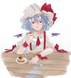 Rule 34 | 1girl, :o, bat wings, blue hair, bow, commentary request, cup, detached wings, dress, flat chest, food, hair between eyes, hand up, hat, hat bow, highres, holding, holding cup, holding spoon, lei (knfz7274), looking at viewer, mini wings, mob cap, open mouth, pink eyes, pudding, puffy short sleeves, puffy sleeves, red bow, red neckwear, remilia scarlet, short hair, short sleeves, simple background, solo, spoon, table, tea, teacup, touhou, upper body, white background, white dress, white hat, wings, wrist cuffs