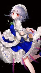 Rule 34 | 1girl, :&lt;, apron, arm up, black background, blue skirt, blue vest, blush, braid, chain, chromatic aberration, commentary, feet out of frame, from side, glint, hair ribbon, highres, holding, holding knife, izayoi sakuya, knife, leg lift, light particles, looking at viewer, maid headdress, petticoat, pocket watch, puffy short sleeves, puffy sleeves, red eyes, ribbon, sakizaki saki-p, shirt, short hair, short sleeves, silver hair, simple background, skirt, solo, touhou, tress ribbon, twin braids, twitter username, vest, waist apron, watch, white shirt