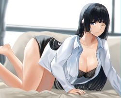 Rule 34 | 1girl, all fours, black bra, black hair, blue eyes, bra, breasts, cleavage, collarbone, highres, hime cut, long hair, looking at viewer, nicky w, one eye closed, open clothes, original, parted lips, pencil skirt, skirt, sleeves past wrists, solo, underwear, very long hair