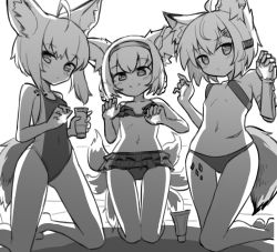 Rule 34 | 3girls, ahoge, animal ear fluff, animal ears, arknights, arms up, beach, bikini, blush, closed mouth, dusonson, fox ears, fox girl, fox tail, frilled bikini, frills, grey hairband, greyscale, hair ornament, hair rings, hairband, kneeling, looking at viewer, lotion, material growth, mechanical arms, monochrome, multiple girls, multiple tails, navel, notched ear, one-piece swimsuit, oripathy lesion (arknights), prosthesis, prosthetic arm, ribbon bra, short hair, sidelocks, single mechanical arm, smile, sunscreen, sussurro (arknights), suzuran (arknights), swimsuit, tail, thigh gap, tsurime, vermeil (arknights)