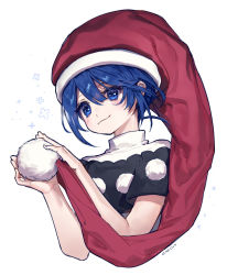 Rule 34 | 1girl, :3, ainy, bad id, bad pixiv id, bare arms, blue eyes, blue hair, closed mouth, doremy sweet, hair between eyes, hat, holding, nightcap, pom pom (clothes), red hat, short sleeves, simple background, smile, solo, touhou, turtleneck, upper body, white background