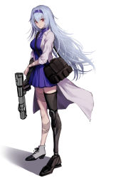 Rule 34 | 1girl, bag, bandaged arm, bandaged leg, bandages, breasts, commentary request, dress, girls&#039; frontline, girls&#039; frontline glitch land, grey hair, gun, hair between eyes, hairband, holding, holding gun, holding weapon, jacket, large breasts, long hair, long jacket, looking at viewer, mechanical arms, mechanical legs, open clothes, open jacket, prototype design, purple dress, purple hairband, red eyes, rifle-caliber handgun, rifle-caliber pistol, shadow, shoes, shoukaki (earthean), shoulder bag, single mechanical arm, single mechanical leg, single shoe, sleeves rolled up, solo, thunder (girls&#039; frontline), triple action, triple action thunder, very long hair, weapon, white background, white jacket