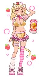 Rule 34 | 1girl, absurdres, animal ears, arm up, asymmetrical legwear, bikini, bikini top only, blonde hair, breasts, can, candy, cat ears, chupa chups, cleavage, comiket 103, commentary request, food, frilled skirt, frills, fruit, full body, hair ornament, hat, heart, heart hair ornament, highres, large breasts, lollipop, long hair, looking at viewer, loose socks, miniskirt, mole, mole on breast, navel, neckerchief, one eye closed, original, pink eyes, pink footwear, pink nails, pink neckerchief, salute, shoes, shrug (clothing), single thighhigh, skirt, smile, sneakers, socks, solo, star (symbol), star hair ornament, strawberry, striped clothes, striped thighhighs, swimsuit, thigh strap, thighhighs, twintails, white background, wrist cuffs, yeun