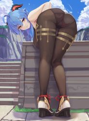 Rule 34 | 1girl, absurdres, ahoge, ass, bare shoulders, bent over, black pantyhose, blue hair, bodysuit, breasts, brown pantyhose, cameltoe, dolri, embarrassed, from behind, ganyu (genshin impact), genshin impact, goat horns, highres, horns, large breasts, leaning, leaning forward, leotard, long hair, looking at viewer, pantyhose, red eyes, shiny clothes, shiny skin, sideboob, smile, solo