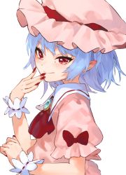 Rule 34 | 1girl, ascot, bad id, bad pixiv id, blue hair, bow, brooch, chishibuki hiyoko, closed mouth, flat chest, from side, hand to own mouth, hand up, hat, highres, jewelry, light blush, light smile, looking at viewer, medium hair, mob cap, nail polish, pink hat, pink shirt, pointy ears, puffy short sleeves, puffy sleeves, red ascot, red bow, red eyes, red nails, remilia scarlet, shirt, short sleeves, simple background, solo, touhou, tsurime, upper body, white background, wing collar, wrist cuffs