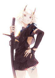 Rule 34 | 1girl, absurdres, black eyes, black gloves, black horns, blue gemstone, bright pupils, closed mouth, dora waku2, elbow gloves, fingerless gloves, fingernails, gem, gloves, grey hair, hand on own hip, highres, holding, holding sword, holding weapon, horns, looking at viewer, looking down, mechanical, original, partially fingerless gloves, scabbard, sheath, sheathed, short hair, simple background, single elbow glove, single glove, smile, solo, sword, weapon, white background, white pupils