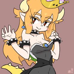 Rule 34 | 1girl, bare shoulders, bowsette, collar, female focus, horns, looking at viewer, mario (series), nintendo, pointy ears, red eyes, simple background, solo, super crown, tagme, tail, the amboina