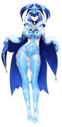 Rule 34 | 1girl, barbariank, blue hair, breasts, cicin mage (genshin impact), commentary, cryo cicin mage (genshin impact), english commentary, eye mask, facing viewer, full body, fur-trimmed hood, fur-trimmed sleeves, fur trim, genshin impact, gloves, highres, hip vent, hood, hood up, long sleeves, medium breasts, parted lips, short hair, sideless outfit, simple background, smile, solo, white background, white gloves