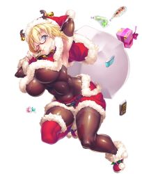 Rule 34 | 1girl, abs, blonde hair, blue eyes, blush, breasts, candy, chocolate, christmas, curvy, female focus, food, glasses, hat, highres, huge breasts, lilith-soft, looking at viewer, potion (moudamepo), santa hat, shinohara mari, shiny skin, short hair, simple background, solo, taimanin (series), taimanin asagi, taimanin rpgx, white background