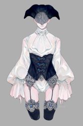 Rule 34 | 1other, ambiguous gender, black headwear, blindfold, bloodborne, closed mouth, coat, corset, covered eyes, dress, eye mask, frilled sleeves, frills, garter straps, gloves, grey background, hat, highres, hiyashiraaaamen, lingerie, long sleeves, simple background, smile, thighhighs, tricorne, underwear, white dress, yurie the last scholar, zettai ryouiki