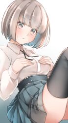 Rule 34 | 1girl, black thighhighs, blush, breasts, brown eyes, brown hair, closed mouth, collared shirt, comah, dress shirt, feet out of frame, gradient background, grey background, grey skirt, highres, knees up, long sleeves, looking at viewer, medium breasts, original, pleated skirt, puffy long sleeves, puffy sleeves, shirt, short hair, skirt, solo, thighhighs, white background, white shirt