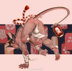 Rule 34 | 1boy, animal ears, ass, bandaged arm, bandages, bara, blush, brown hair, clothes lift, cropped, facial hair, feet, festival, full body, goatee, hachimaki, headband, highres, lamp, large ears, loincloth, looking at viewer, male focus, mature male, mouse boy, mouse ears, mouse tail, nejiri hachimaki, original, pelvic curtain, pelvic curtain lift, short hair, smile, solo, tail, testicle peek, thick eyebrows, thighs, third-party edit, toned, toned male, topless male, xiaolumiaoliya