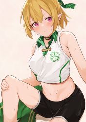 Rule 34 | 1girl, bare shoulders, bike shorts, black choker, black shorts, blonde hair, blush, breasts, chloe (princess connect!), chloe (school festival) (princess connect!), choker, closed mouth, collarbone, collared shirt, commentary request, eyebrows hidden by hair, green jacket, green ribbon, hair between eyes, hair ribbon, highres, jacket, knee up, long hair, looking at viewer, medium breasts, midriff, navel, official alternate costume, plaid, plaid ribbon, pointy ears, ponytail, princess connect!, purple eyes, ribbon, shirt, shorts, sidelocks, simple background, sitting, sleeves rolled up, solo, sportswear, sweat, tied shirt, unworn jacket, white shirt, ya.yu.