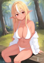Rule 34 | 1girl, absurdres, bikini, blonde hair, braid, breasts, collarbone, dark-skinned female, dark skin, elf, forest, french braid, hair between eyes, hair intakes, highres, hololive, jacket, large breasts, long hair, long sleeves, looking at viewer, multicolored hair, nature, navel, off shoulder, open clothes, open jacket, outdoors, parted lips, pointy ears, red eyes, shiranui flare, sidelocks, sitting, soaking feet, solo, streaked hair, swimsuit, thighs, tree, tsubame tien, twitter username, very long hair, virtual youtuber, water, white bikini, white hair, white jacket