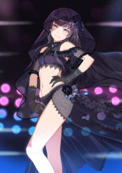 Rule 34 | 1girl, bare shoulders, black flower, black gloves, black hair, black rose, breasts, closed mouth, commentary request, crop top, flower, gloves, hand on own hip, highres, idolmaster, idolmaster shiny colors, long hair, looking at viewer, mayuzumi fuyuko, midriff, navel, pink eyes, purple eyes, rose, see-through, small breasts, smile, solo, standing, tuchinokoeffect, veil