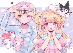 Rule 34 | 1boy, 1girl, :d, averting eyes, blonde hair, blue eyes, blue shirt, brother and sister, character hair ornament, commentary request, hair ornament, hairband, hand up, hands on own cheeks, hands on own face, hands up, hoshikuzu (pinkholic), idol time pripara, kuromi, long hair, long sleeves, looking at viewer, my melody, my sweet piano, onegai my melody, open mouth, pajamas, pink hairband, pretty series, pripara, puffy short sleeves, puffy sleeves, purple background, purple eyes, ringlets, sanrio, shirt, short hair, short sleeves, siblings, sleep mask, smile, squiggle, star (symbol), two side up, upper body, yumekawa shogo, yumekawa yui