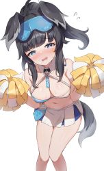 Rule 34 | 1girl, absurdres, animal ears, bad id, bad pixiv id, black hair, blue archive, blue eyes, blush, breasts, bright pupils, cheerleader, cleavage, crop top, dog ears, dog girl, dog tail, feet out of frame, goggles, goggles on head, hibiki (blue archive), hibiki (cheer squad) (blue archive), highres, holding, holding pom poms, jag ging, leaning forward, looking at viewer, medium breasts, millennium cheerleader outfit (blue archive), miniskirt, navel, open mouth, pom pom (cheerleading), pom poms, ponytail, simple background, skirt, tail, white background