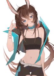 Rule 34 | 1girl, alternate costume, amiya (arknights), animal ears, arknights, belt, black jacket, black shirt, black shorts, blue collar, blue hair, burnt hair, collar, cowboy shot, crop top, cropped jacket, hair between eyes, hair ornament, hand up, highres, jacket, jewelry, long hair, looking at viewer, midriff, navel, neck ring, open clothes, open jacket, parted lips, ponytail, rabbit ears, rabbit girl, shirt, shorts, simple background, solo, thigh gap, very long hair, white background, white belt, x hair ornament, yumingtongxue